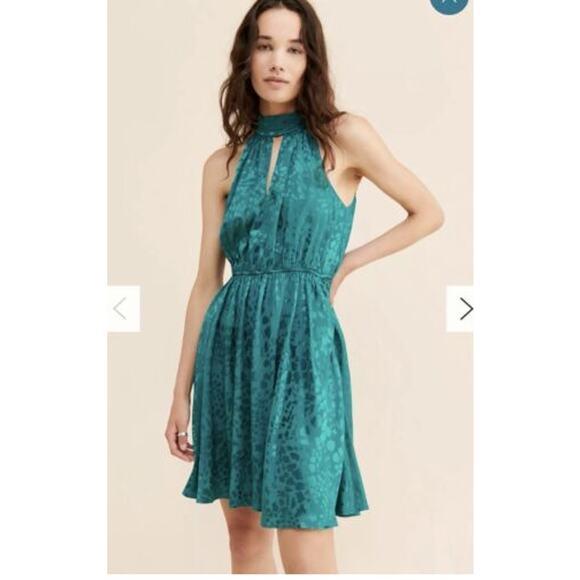 Anthropologie Dress Keyhole Halter Neck Blouson Size Large Teal Green Retro Glam - Picture 8 of 8